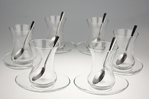 Gürallar Teeglas Set Asena 'PUR'/ 6 Gläser (125ml) in klassischer Formgebung/ 6 Untersetzer/ 6 Rührlöffel (Marke PROUD) 18/10 Stahl