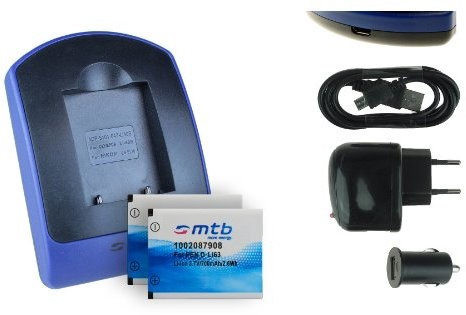 2 Akkus + Ladegerät (USB, KFZ, Netz) für Pentax D-Li63, D-Li108 / Efina/Optio L40 LS465 / M30 M40 / RS1000, RS1500.. - s. Liste