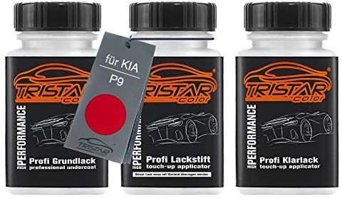 TRISTARcolor Autolack Lackstifte für KIA P9 Scarlet Red + Klarlack | Set aus Grundlack + Basislack + Klarlack, Lackfläschchen mit Pinsel, je 50ml