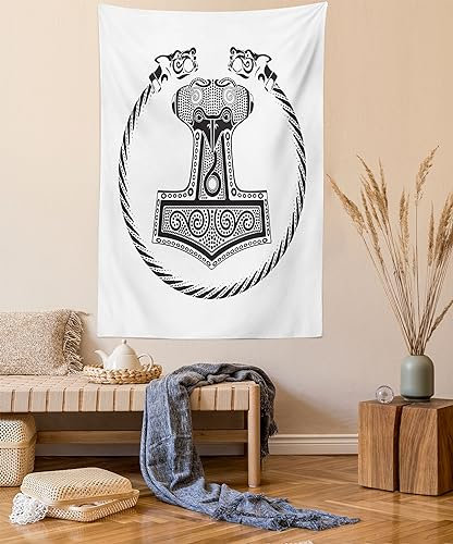 Lunarable Mjolnir Tapestry, Thor's Hammer with Scandinavian Folk Nordic Ornamental Art, Fabric Wall Hanging Decor for Bedroom Living Room Dorm, 30 X 45, White Charcoal
