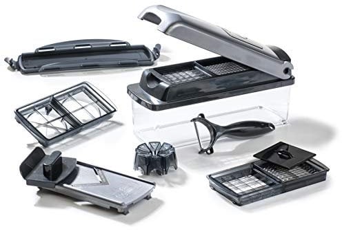Genius Nicer Dicer Plus (12 Teile) Gemüseschneider Zwiebelschneider Pommesschneider Obstschneider Allesschneider - Würfeln/Stifteln/Schneiden/Schälen/Aufbewahren, A34141, silber/schwarz