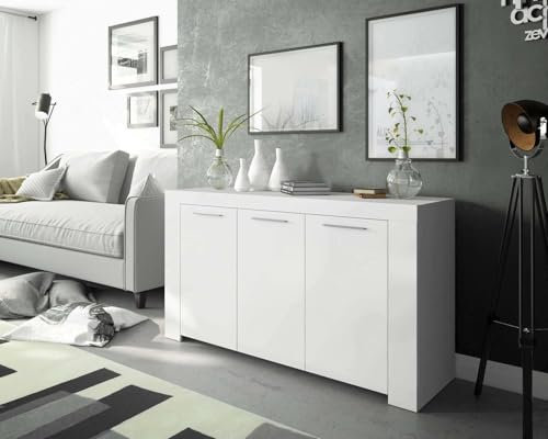 Dmora Sideboard mit drei Türen mit drei Innenregalen, mattweiße Farbe, Maße 144 x 80 x 42 cm