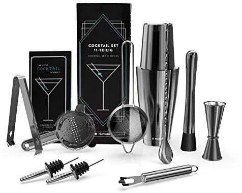 Navaris Kit para Hacer cócteles Profesional - Juego Completo de 11 Piezas de coctelería de Acero inoxidable con coctelera medidor Pinza Cuchara colador - en Gris Oscuro