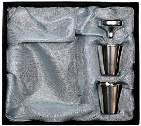 Geschenkset für Pixelstudio Flachmann, mit Trichter & Becher Geschenk Set Box Etui Schatulle Schachtel Alkohol Tasse