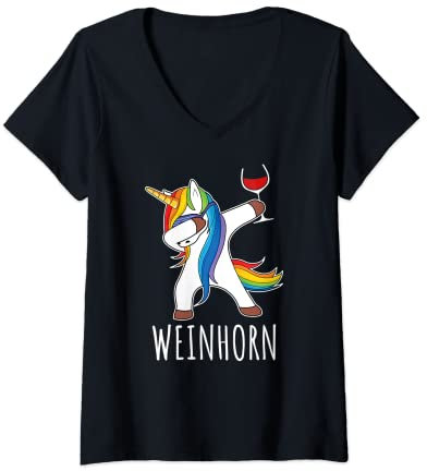 Damen Dabbing Einhorn Wein Weinglas Rotwein Weinhorn Party Spruch T-Shirt mit V-Ausschnitt