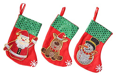 Demiawaking 3Pcs DIY Diamond Painting Weihnachtsstrumpf Weihnachtssocken Süßigkeiten Tüten Weihnachtsdeko Geschenktüten Weihnachtsbaumschmuck Party Deko Geschenk (03)