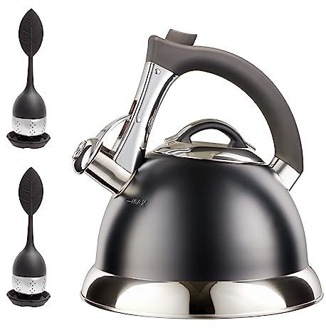 Bouilloire sifflante avec poignée iCool, théière chirurgicale en acier inoxydable pour toutes les cuisinières, 2 infuseurs GRATUITS inclus, 3 litres par Pykal (Noir)