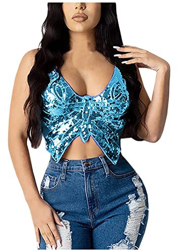 WanWorlder Damen Bauchtanz Kostüm Oberteil Neckholder BH Rückenfrei Bustier Crop Top bauchfrei Pailletten Quasten sexy Gogo Tanz Party Outfits (Blau B, Freesize), Einheitsgröße