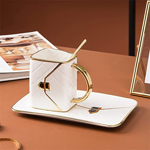 MVSR Ensemble de tasses et soucoupes Tasse Cafe Service a Cafe Tasse en Porcelaine Tasse Expresso Tasse à thé en céramique avec cuillère, 310ml - Blanc