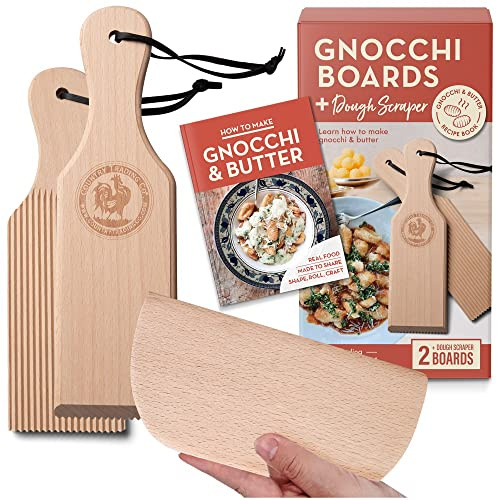 Gnocchi-Brett und Butterpaddel-Set mit Rezeptbuch | Pastamaker Geschenk für Köche | Seien Sie ein Experte Butterkanne und Gnocchi Maker mit diesem hölzernen Nudelwerkzeug-Set