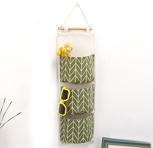 YUMILI Borsa portaoggetti da Appendere, 3 Tasche Borse portaoggetti da Appendere alla Parete in Cotone e Lino, Tasca portaoggetti da Appendere alla Porta Camera da Letto Home Office Organizer (Verde)
