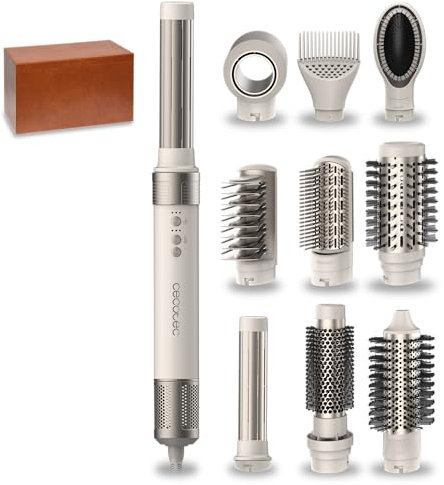 Cecotec Cepillo de Aire Caliente Secador Moldeador Alisador 10 Cabezales Tecnología Coanda CeramicCare 10in1 AirGlam Champagne. 1400W, Motor Digital, Elimina el Frizz, 3 Temperaturas