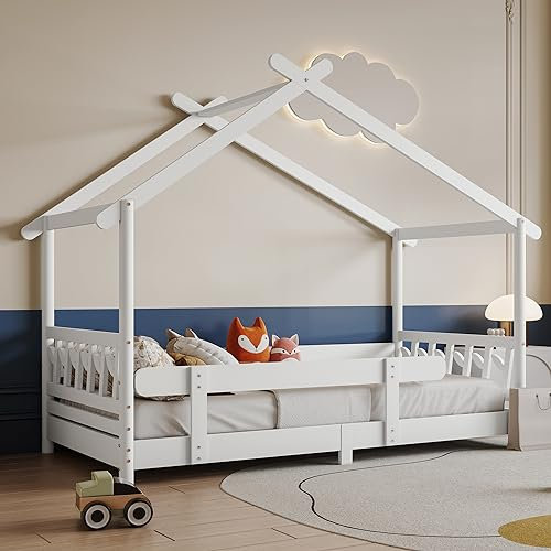 FEZTOY Hausbett Kinderbett 90x200 cm mit Gitter Rausfallschutz und Lattenrost - Einzelbett aus Massivholz für Mädchen und Junge, ohne Matratze, weiß