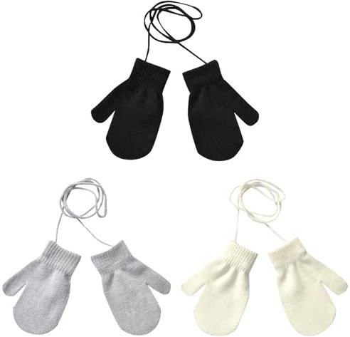 KAREN66 3 Paare Kinder Winter Gestrickte Handschuhe Fäustlinge Baby Einfarbig Fausthandschuhe Halshandschuhe Strickhandschuhe mit Schnur für 1 2 3 4 Jahre Jungen Mädchen (Schwarz/Grau/Weiß)
