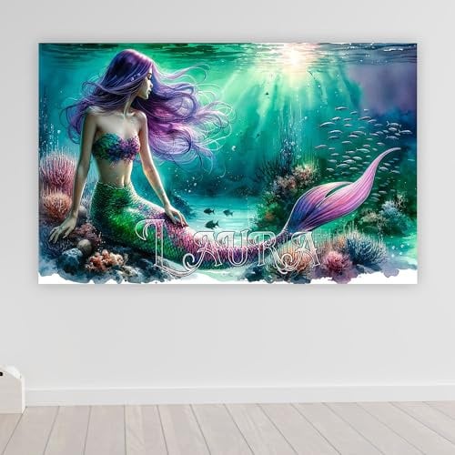 XXL Meerjungfrau poster mit Namen personalisiert Mädchenzimmer Wanddeko gamer Bild für die Wand Wandbild Jugendzimmer Poster gaming zimmer Bilder für Mädchen Wasserfarben | poster1-Motiv83-B80xH61cm