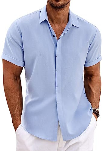 COOFANDY Mens Short Sleeve Shirt Linen Summer Casual Shirts Regular Fit Holiday Beach Shirt Light Blue XL