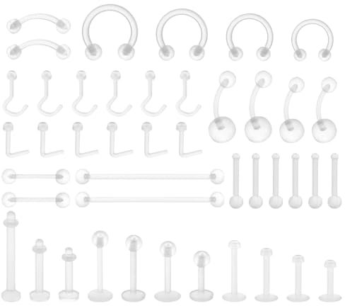 Yolev 43 Stück Klare Piercing Retainer Set Acryl Nasenring Bauchring Septum Piercing Transparent Kit Augenbraue Zunge Lippe Knorpel Labret Piercings Industriestab Kunststoff Piercing Schmuck