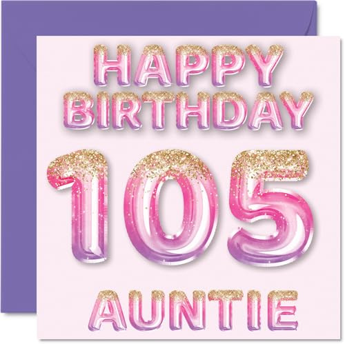 105th Birthday Card for Auntie, Pink & Purple Glitter Balloons | Happy Birthday Cards for 105 Year Old Aunt Aunty from Nephew Niece, 145mm Bday Greeting Cards Gift