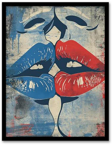 Artery8 Pop Art Kiss Cartoon Pride LGBT Red Blue Love For Living Room Art Print Framed Poster Wall Decor 12x16 inch