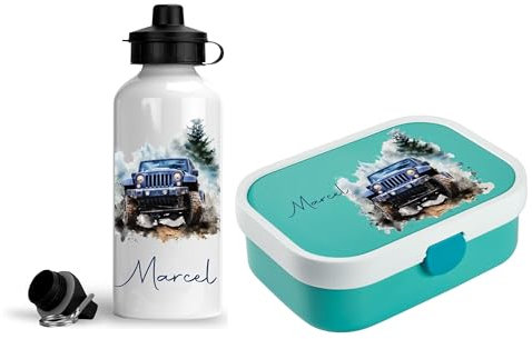 wolga-kreativ Personalisiertes Set Mepal Campus Brotdose Kinder mit Fächern und Alu Trinkflasche Kinder mit Namen, Jausenbox Auto Rennauto Geschenk für Schule, Kindergarten Einschulung