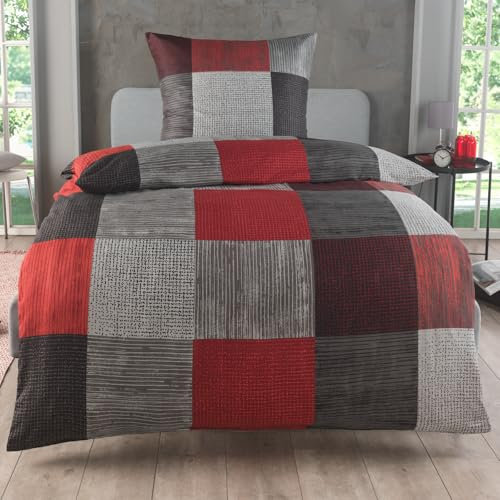Bettwäsche 135x200 2 teilig - Mikrofaser Bettbezug 135x200 cm + Kissenbezug 80x80 cm - atmungsaktiver Stoff mit Reißverschluss - für Einzelbett - modernes Karo Design Rot