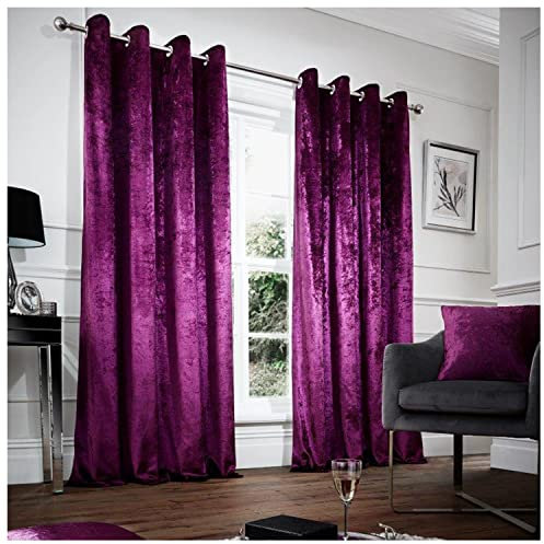 Soft Fully Lined Thermal Insulated Door Curtains | Crushed Velvet Eyelet Ring Top Curtains | Energy-Efficient Drapes For Bedroom & Living Room | Crushed Velvet Curtains 66X90 Inch, Aubergine