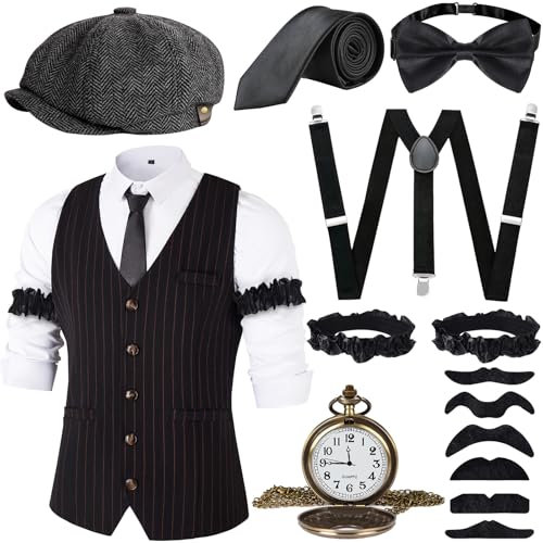 JONRRYIN 20er Jahre Herren Accessoires, 1920er Mafia Kostüm Set Mit Westen & Verschiedenen Accessoires Für Halloween, Karneval (Schwarz, L)