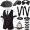 JONRRYIN 20er Jahre Herren Accessoires, 1920er Mafia Kostüm Set Mit Westen & Verschiedenen Accessoires Für Halloween, Karneval (Schwarz, L)