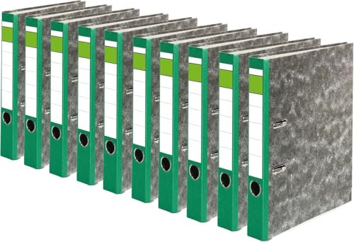 Papiertiger Ordner Nature mit farbigem Rücken aus Graukaton im Wolkenmamor Design, Rückenschild klassisch grüner Balken (Nature (Wolkenmamor), Grün, 10 Stück | 5cm schmal)