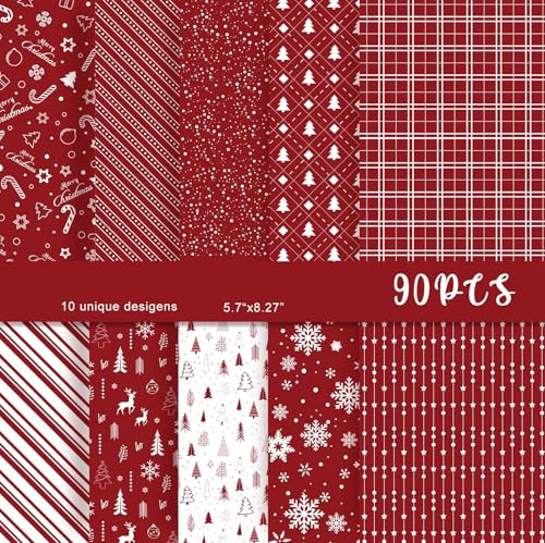 MIAHART 90 Blatt Frohe Weihnachten Musterpapier-Set 10 Designs A5 Größe Festival Dekoratives Bastelpapier für Kartenherstellung Scrapbook (Rot & Weiß, A5-90)