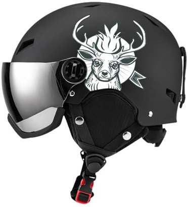 perfk Ski Helmet Integrated Visor Equipment Portable Multi-sizes Warm Sturdy Snow Goggles Head Protector for Skiing Outside Skier, BLACK, S