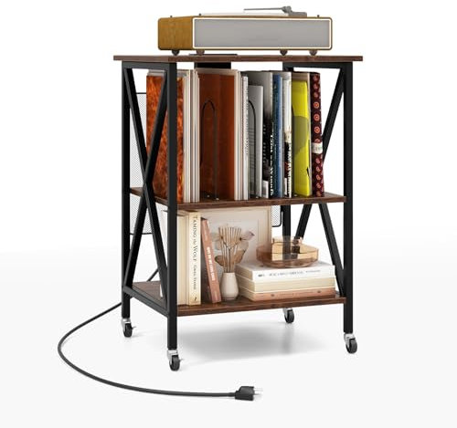 KOMFOTTEU Archivador Móvil con Estación de Carga, Soporte para Tocadiscos para hasta 120 Álbumes, Armario de Almacenamiento con Ruedas, Mueble Auxiliar para Oficina, Salón (Marrón)