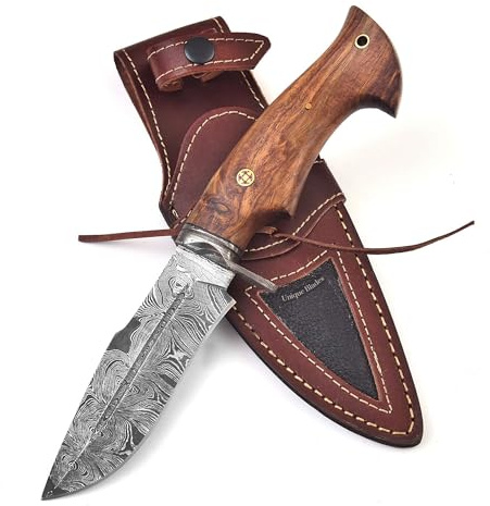 Unique Blades Couteau de chasse, lame en acier damas, manche en bois, 10 pouces, pleine longueur, avec gaine