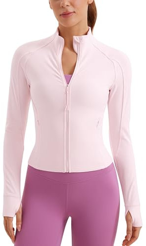 CRZ YOGA Women's Butterluxe Full Zip Running Jacket Pockets Outdoor Sports Cropped Jackets Gym Long Sleeve Top with Thumb Holes Strawberry Pink 10