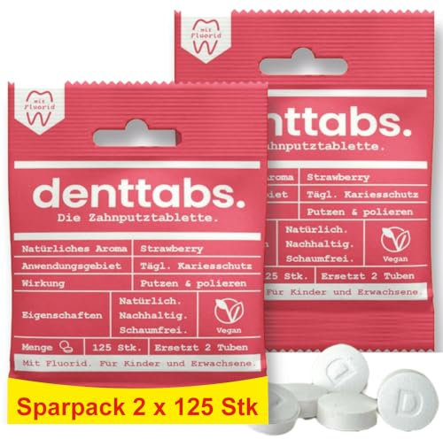 Denttabs Pastillas para cepillo de dientes con sabor a fresa, 2 x 125 unidades, la alternativa completa a la pasta de dientes, sin flúor para niños y adultos, vegano, sin plástico, sin conservantes,