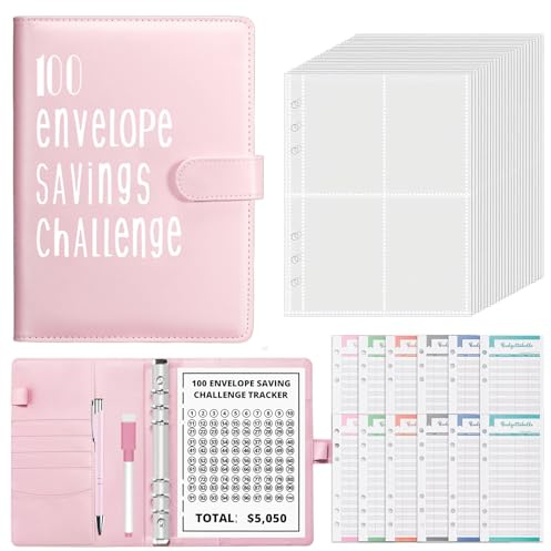 100 Envelope Challenge Binder,A5 Money Wallet with Budget Sheets&Pen(Pink) | Envelope Challenge Binder money saving wallet Budget Binder,PU Leather Cash Envelope Binder for School Home Office