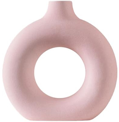 Molyorch Forme Beignet Vase, Vases Céramique Rose, Vase de Fleurs Rond Creux, pour Décoration Bureau Bureau, Décoration Salon, Cadeau Pendaison Crémaillère