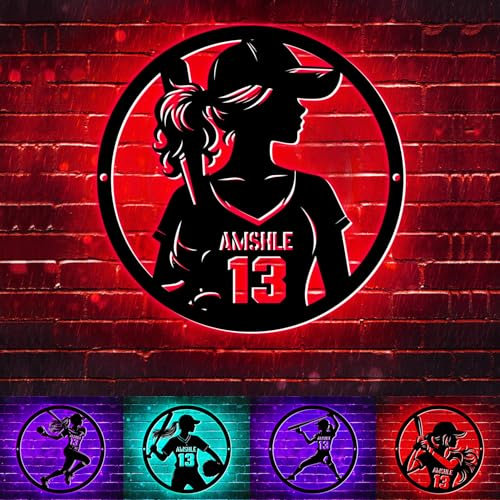 Personalized Softball Pitcher Metal Wall Art LED Lights Baseball Pitcher Girl Sign Sport Room Decoration Lamp Birthday Xmas Home Decor Gift For Daughter Girl Women Lover Softball Player Fans