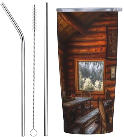 VOSERY 20 Oz Tumbler Water Bottle with Lid and Straw, Log Cabin Inside Insulated Tumbler Stainless Steel Cups, Travel Coffee Mug Personalized Tumbler