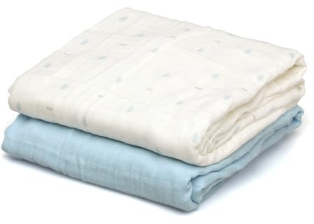 Kiokids | Set 2 Muselinas Azul y Blanco Estampado | Colección Petit Moments | 70% Bambú y 30% Algodón | Ultra Suaves | Antibacterianas y Termo Climáticas | Protector Rayos UV |+0 Meses | 120x120cm