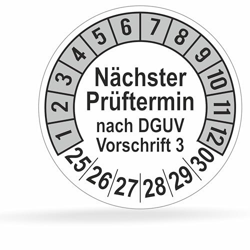 beihaasnatuerlich® 112 Stck Prüfplaketten Nächster Prüftermin, 20 mm Ø, Prüfetiketten nach DGUV V3, 2025-2030, Prüfaufkleber, E-Check Prüfetikett, Plakette für Elektrogeräte (Grau, 1 Bogen)
