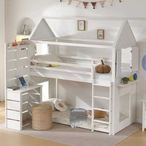 YESGIGA Etagenbett, Hausbett, Kinderbett mit Fallschutz und Gitter, mit Tisch, Offenes Regal, Zwei Fenster, Reichlich Stauraum, 90x200cm