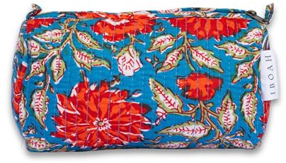 IBOAH Trousse de Toilette Coton Matelassé (Bleu Fleurs Oranges, S)