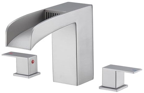 Wasserfall Waschtischarmatur mit Led Wasserhahn Bad Gebürstet Zweigriff Badarmatur Waschbecken 3 Teilig Kaltes und Warmes Wasser