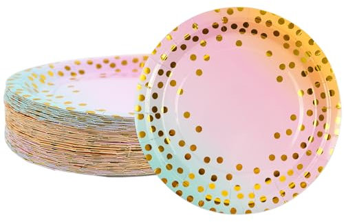 BOKFJBP 50 piatti di carta Gradient and Gold, 18 cm, piatti per feste, piatti di carta con pois dorati, per laurea, anniversario, festa di inaugurazione della casa, compleanno dei bambini