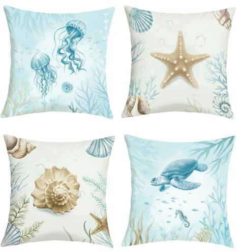 Joymaison Kissenbezüge 40x40 4er Set Sommer Meeresschildkröte Quallen Ozean | Deko Kissenhülle Unterwasser Strand Seestern Muscheln für Geschenk Dekorative Kissenbezug Kissen für Couch Sofa