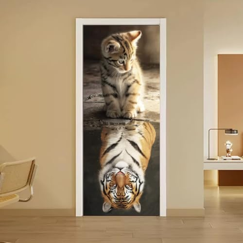 arricraft 2 Blätter Tier Thema Selbstklebende Tür Aufkleber, 31.5x78.7inch Katze Tiger Wasser Reflexion Tür Wandbilder Aufkleber PVC abnehmbare Tapete für Schlafzimmer Wohnzimmer