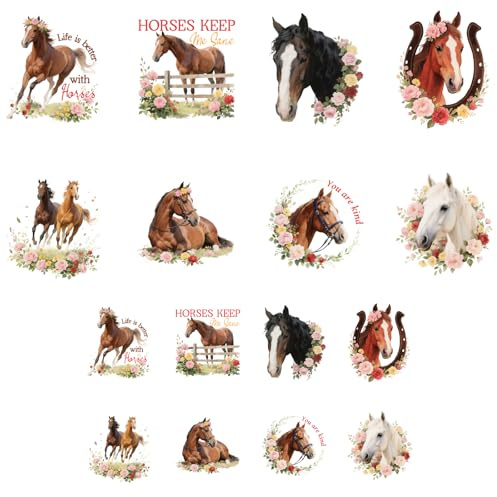 ANATTASOUL 16Pcs Bügelbilder für Textilien Blumen Und Pferde Bügelbilder Erwachsene 6.5 x 8 CM/18 x 22 CM Schnell & Einfach DIY Sticker zum Aufbügeln für Kleidung, Hosen, Hüte, Taschen