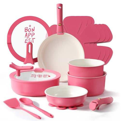 CAROTE 18Pcs Pots and Pans Set Non Stick, Nonstick Ceramic Cookware Set with Detachable Handle, Non Toxic Kitchen Cooking Sets, PFOA Free, Oven Safe, Stackable Induction Ready, Pink
