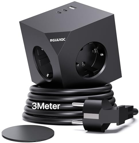 PD20w Steckdosenwürfel mit 2 USB C, Magnetpad, 3 Meter, Schwarz | 3 Fach Mehrfachsteckdose, Steckdosenleiste Wandsteckdose Steckdosenadapter, Verlängerungskabel für Büro, zu Hause